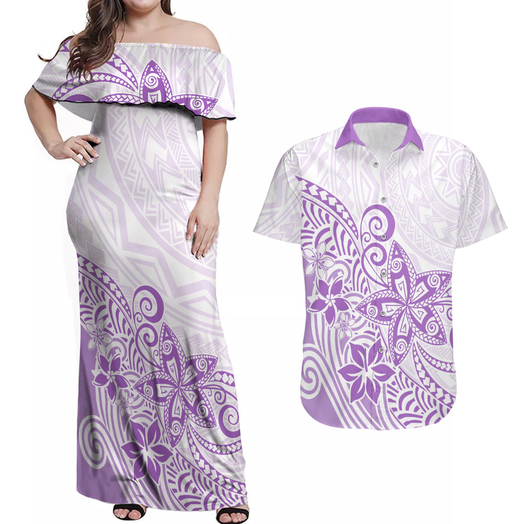 Polynesia Couples Matching Off Shoulder Maxi Dress and Hawaiian Shirt Plumeria Lavender Curves LT7 - Wonder Print Shop