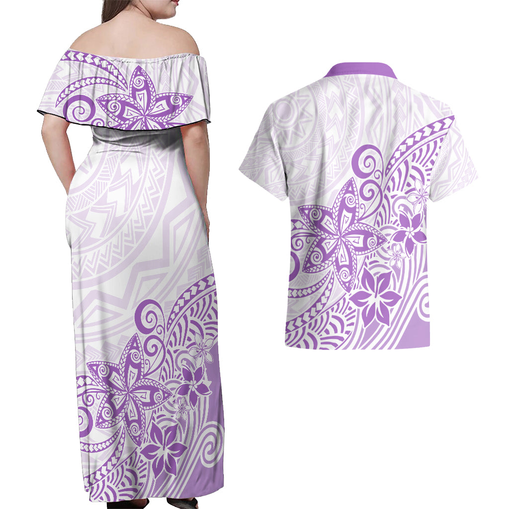 Polynesia Couples Matching Off Shoulder Maxi Dress and Hawaiian Shirt Plumeria Lavender Curves LT7 - Wonder Print Shop