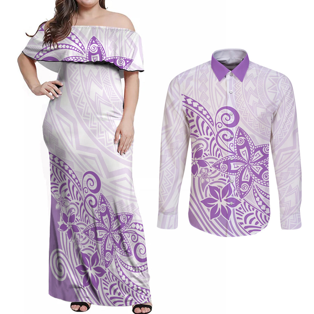 Polynesia Couples Matching Off Shoulder Maxi Dress and Long Sleeve Button Shirts Plumeria Lavender Curves LT7 - Wonder Print Shop