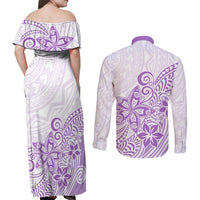 Polynesia Couples Matching Off Shoulder Maxi Dress and Long Sleeve Button Shirts Plumeria Lavender Curves LT7 - Wonder Print Shop