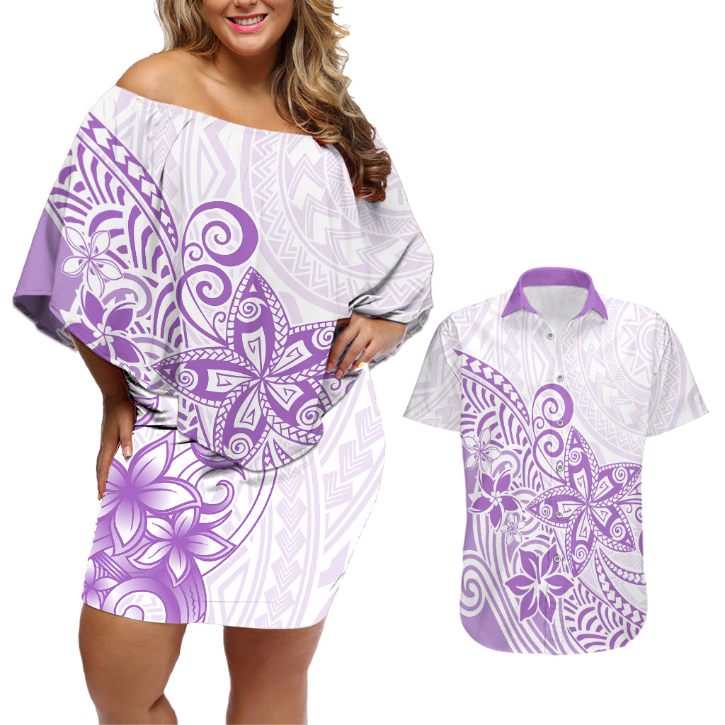 Polynesia Couples Matching Off Shoulder Short Dress and Hawaiian Shirt Plumeria Lavender Curves LT7 - Wonder Print Shop
