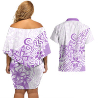 Polynesia Couples Matching Off Shoulder Short Dress and Hawaiian Shirt Plumeria Lavender Curves LT7 - Wonder Print Shop