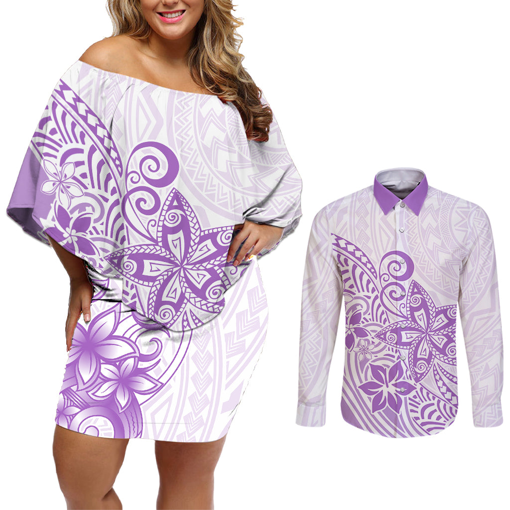 Polynesia Couples Matching Off Shoulder Short Dress and Long Sleeve Button Shirts Plumeria Lavender Curves LT7 - Wonder Print Shop