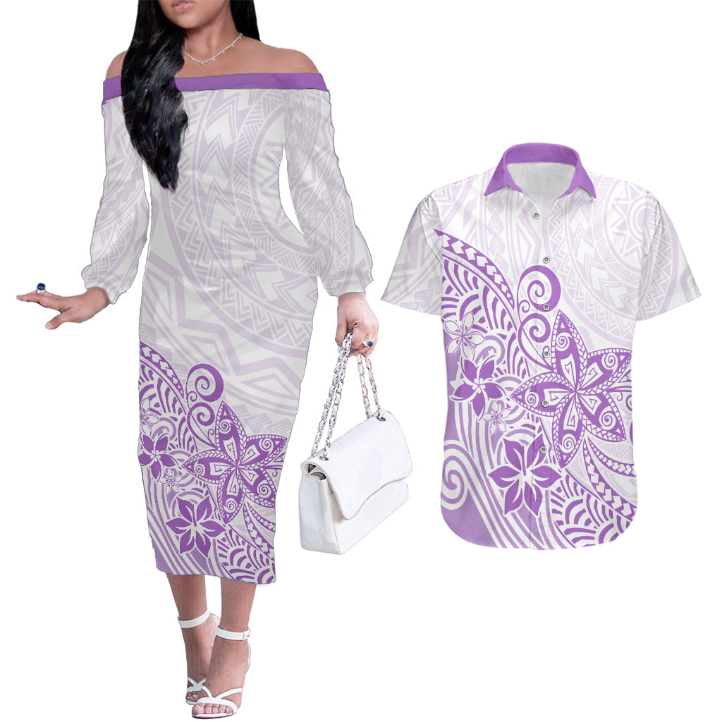 Polynesia Couples Matching Off The Shoulder Long Sleeve Dress and Hawaiian Shirt Plumeria Lavender Curves LT7 - Wonder Print Shop