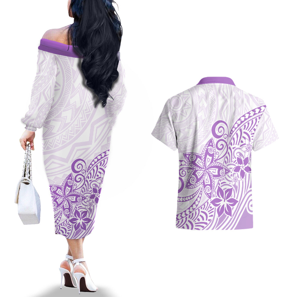 Polynesia Couples Matching Off The Shoulder Long Sleeve Dress and Hawaiian Shirt Plumeria Lavender Curves LT7 - Wonder Print Shop