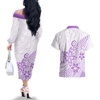 Polynesia Couples Matching Off The Shoulder Long Sleeve Dress and Hawaiian Shirt Plumeria Lavender Curves LT7 - Wonder Print Shop