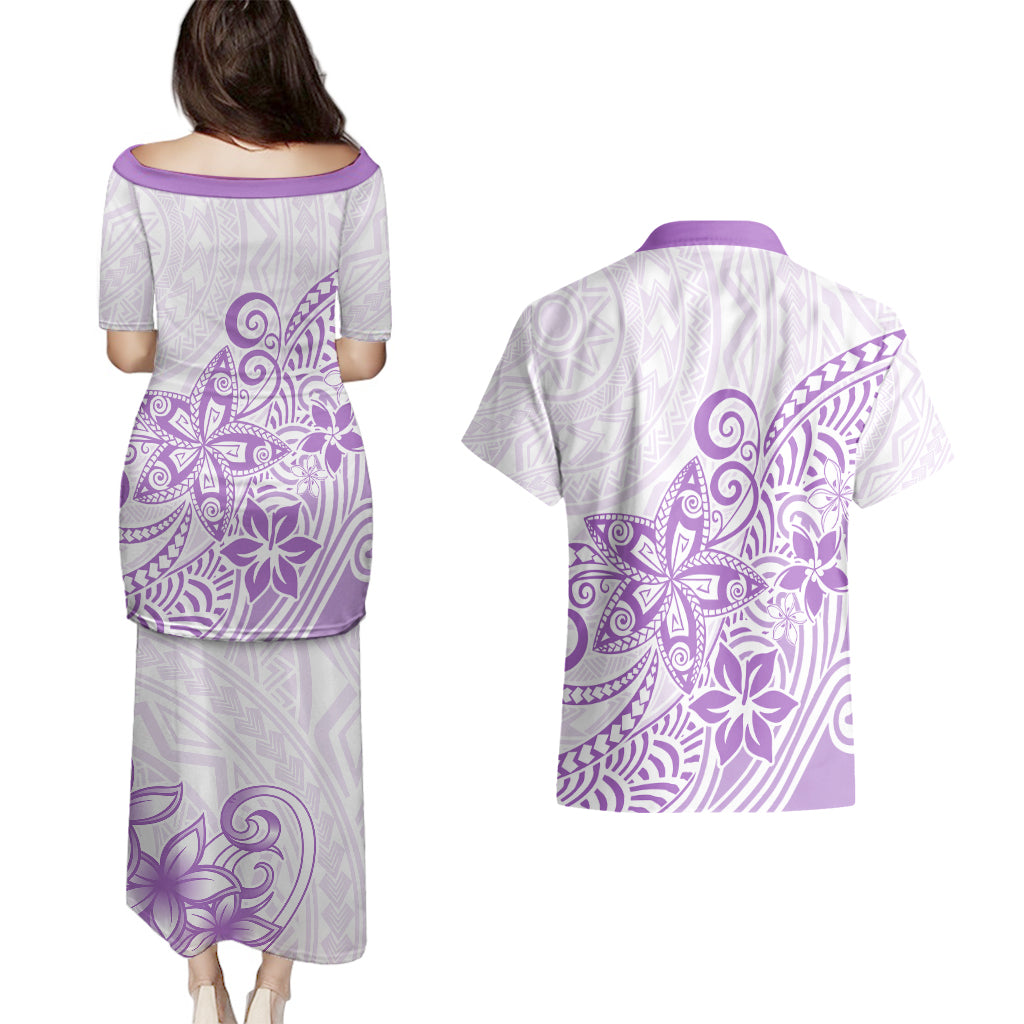 Polynesia Couples Matching Puletasi Dress and Hawaiian Shirt Plumeria Lavender Curves LT7 - Wonder Print Shop