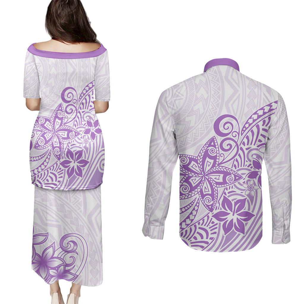 Polynesia Couples Matching Puletasi Dress and Long Sleeve Button Shirts Plumeria Lavender Curves LT7 - Wonder Print Shop