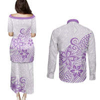 Polynesia Couples Matching Puletasi Dress and Long Sleeve Button Shirts Plumeria Lavender Curves LT7 - Wonder Print Shop