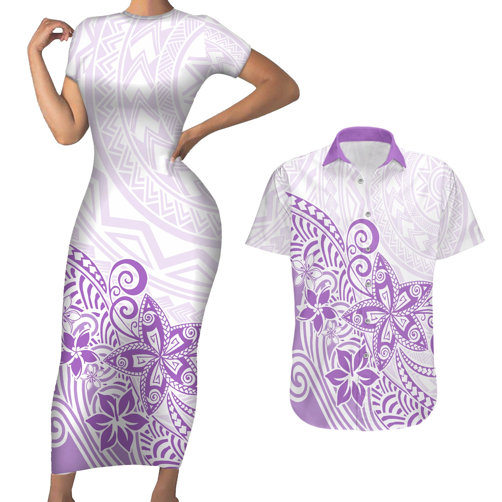Polynesia Couples Matching Short Sleeve Bodycon Dress and Hawaiian Shirt Plumeria Lavender Curves LT7 - Wonder Print Shop