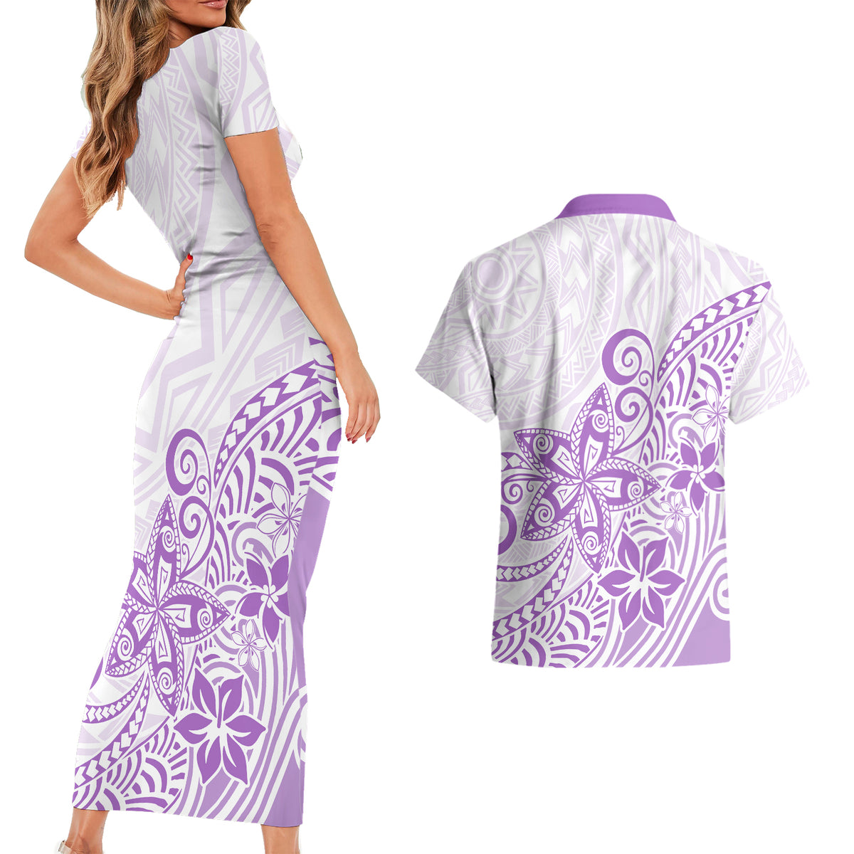 Polynesia Couples Matching Short Sleeve Bodycon Dress and Hawaiian Shirt Plumeria Lavender Curves LT7 - Wonder Print Shop