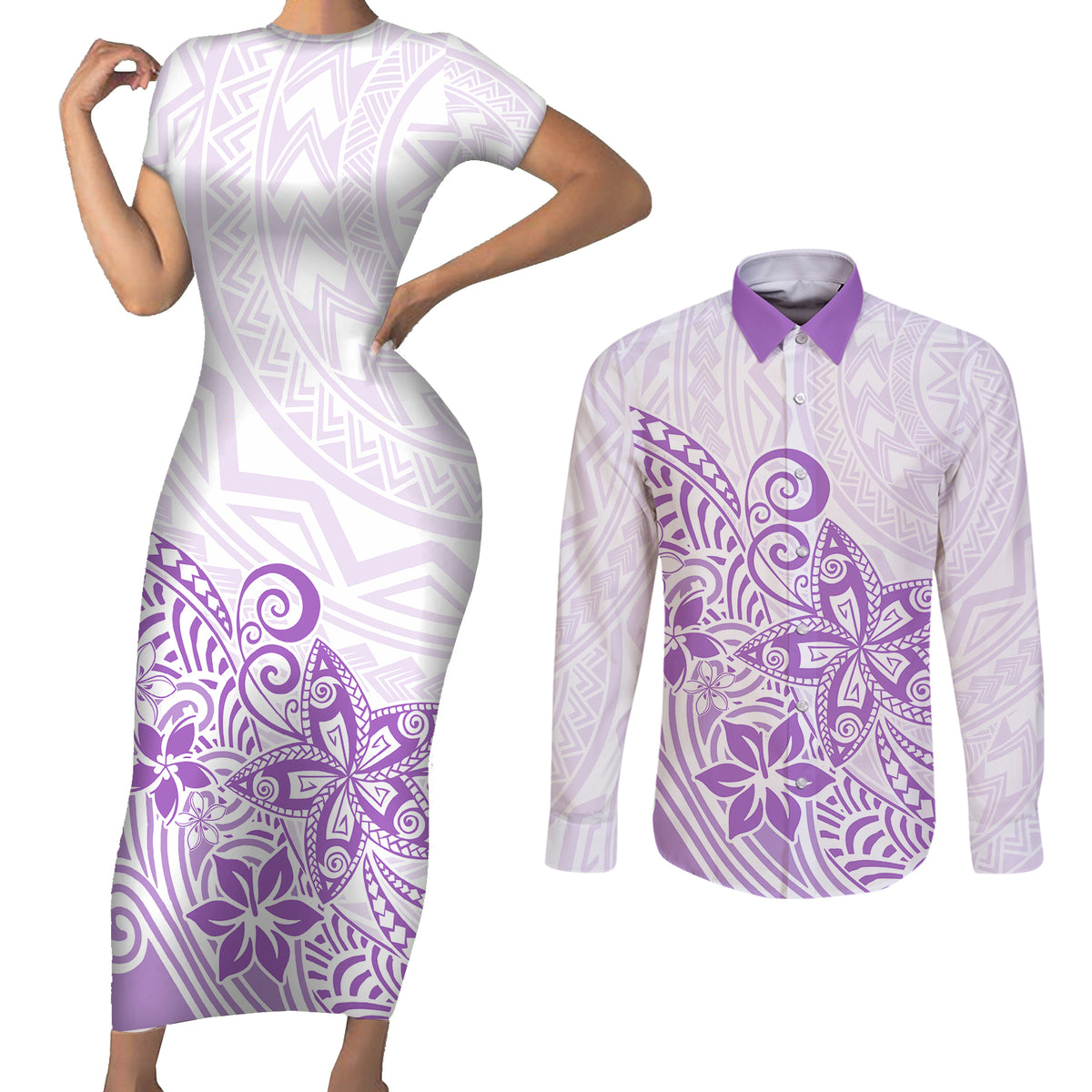 Polynesia Couples Matching Short Sleeve Bodycon Dress and Long Sleeve Button Shirts Plumeria Lavender Curves LT7 - Wonder Print Shop