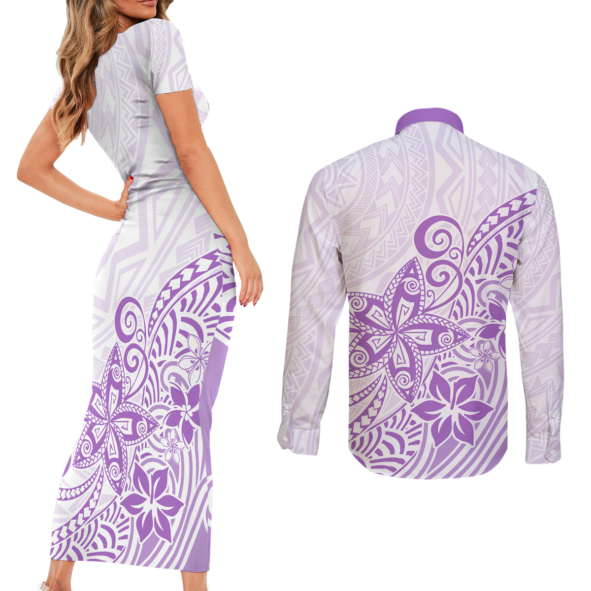 Polynesia Couples Matching Short Sleeve Bodycon Dress and Long Sleeve Button Shirts Plumeria Lavender Curves LT7 - Wonder Print Shop