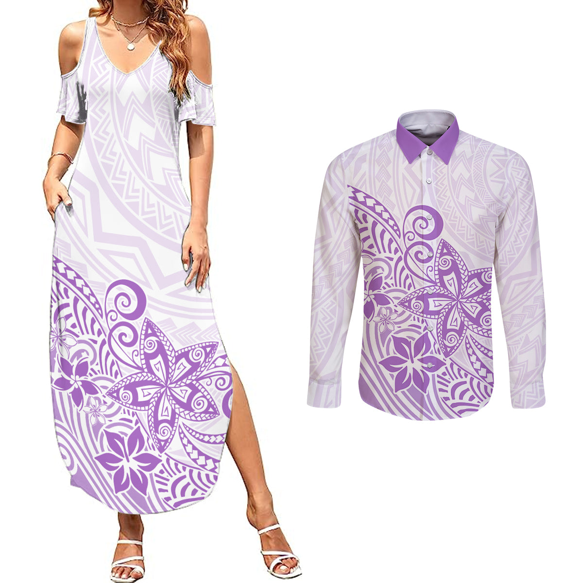 Polynesia Couples Matching Summer Maxi Dress and Long Sleeve Button Shirts Plumeria Lavender Curves LT7 - Wonder Print Shop