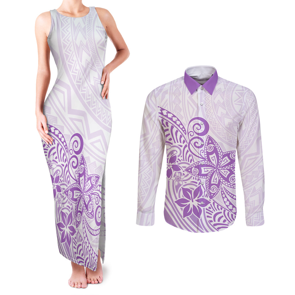 Polynesia Couples Matching Tank Maxi Dress and Long Sleeve Button Shirts Plumeria Lavender Curves LT7 - Wonder Print Shop