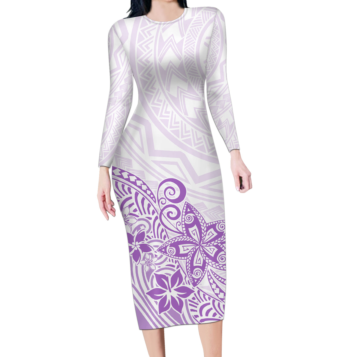 Polynesia Long Sleeve Bodycon Dress Plumeria Lavender Curves - Wonder Print Shop