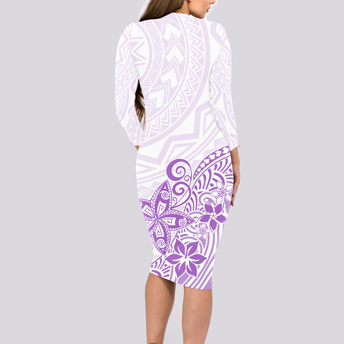 Polynesia Long Sleeve Bodycon Dress Plumeria Lavender Curves - Wonder Print Shop