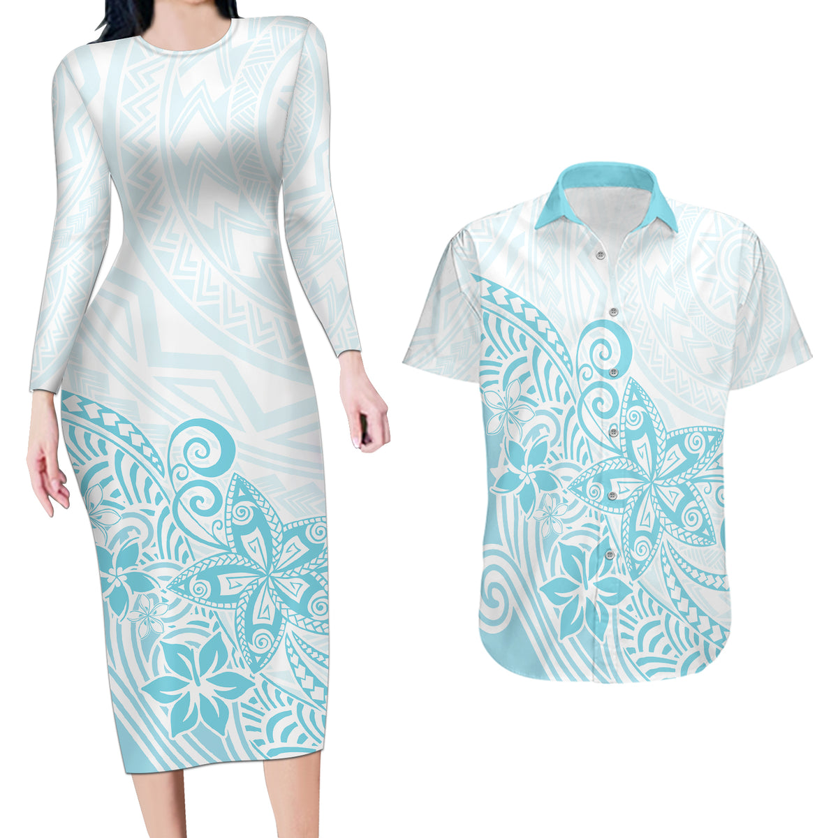 Polynesia Couples Matching Long Sleeve Bodycon Dress and Hawaiian Shirt Plumeria Turquoise Curves LT7 - Wonder Print Shop