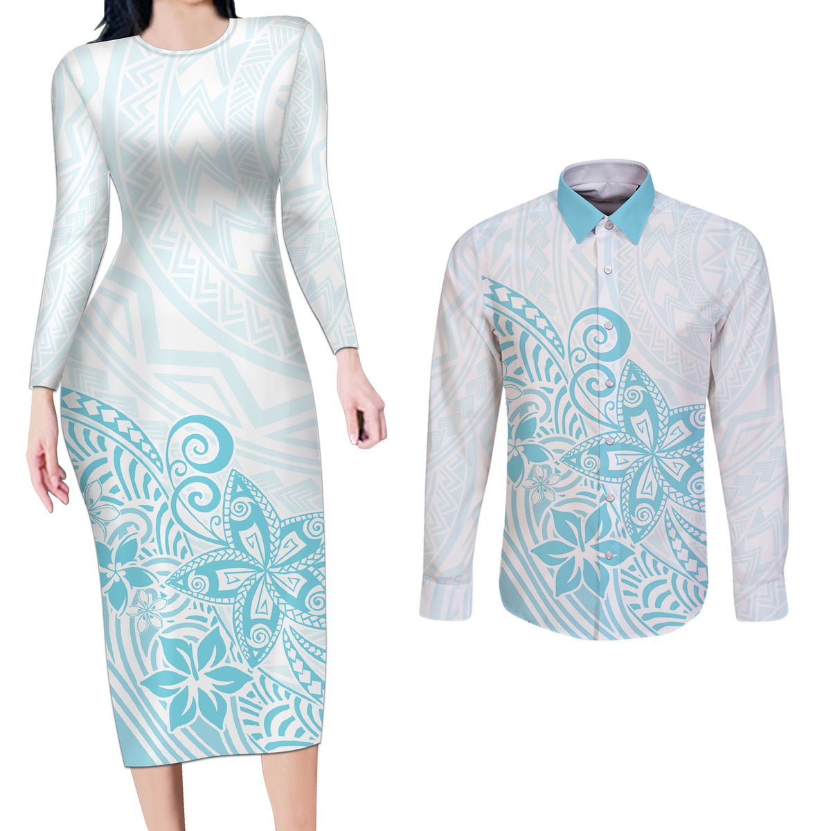 Polynesia Couples Matching Long Sleeve Bodycon Dress and Long Sleeve Button Shirts Plumeria Turquoise Curves LT7 - Wonder Print Shop