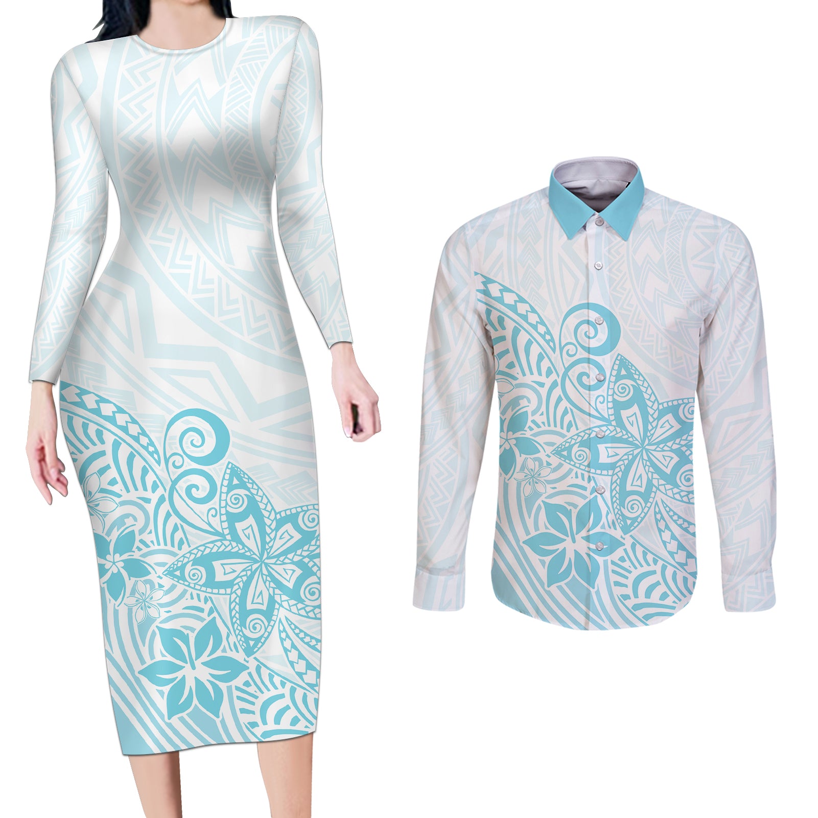 Polynesia Couples Matching Long Sleeve Bodycon Dress and Long Sleeve Button Shirts Plumeria Turquoise Curves LT7 - Wonder Print Shop