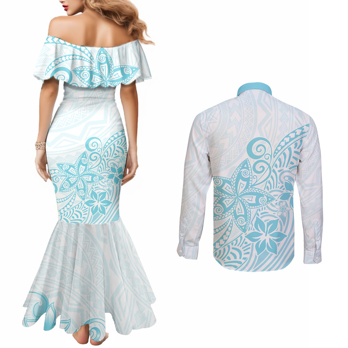 polynesia-couples-matching-mermaid-dress-and-long-sleeve-button-shirts-plumeria-turquoise-curves