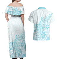 Polynesia Couples Matching Off Shoulder Maxi Dress and Hawaiian Shirt Plumeria Turquoise Curves LT7 - Wonder Print Shop