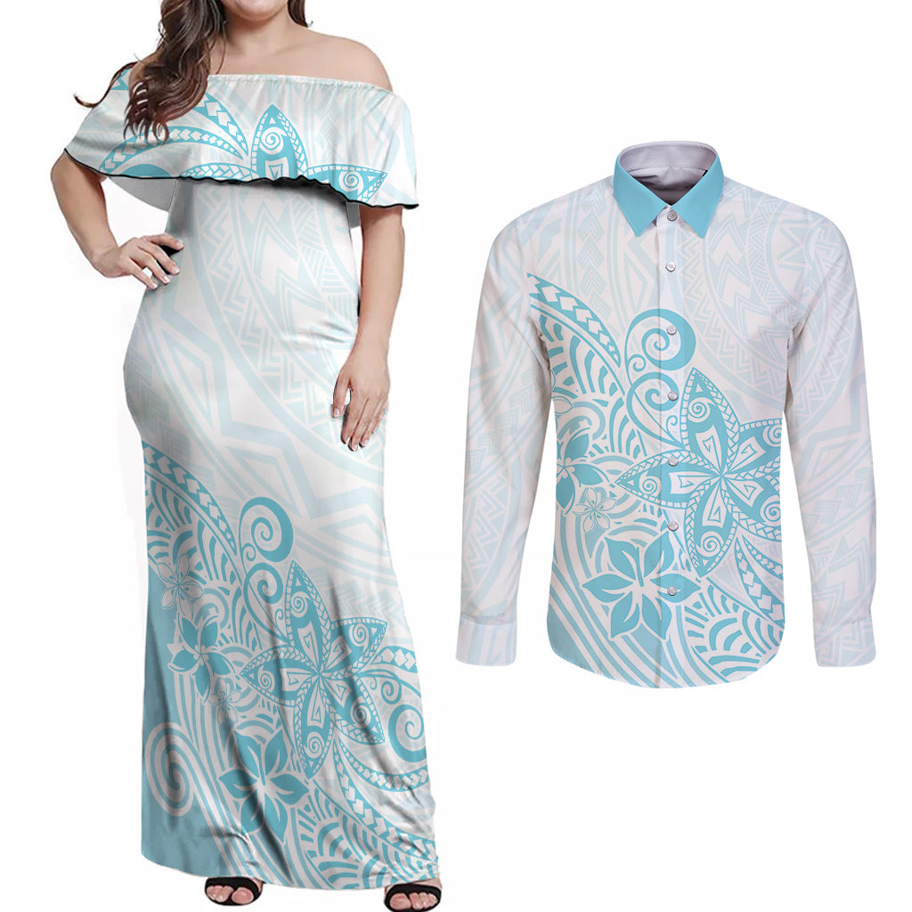 Polynesia Couples Matching Off Shoulder Maxi Dress and Long Sleeve Button Shirts Plumeria Turquoise Curves LT7 - Wonder Print Shop
