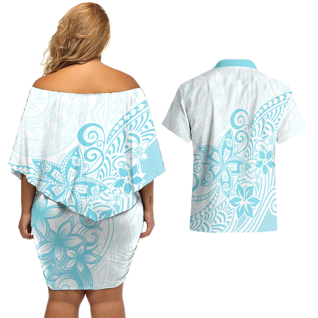 Polynesia Couples Matching Off Shoulder Short Dress and Hawaiian Shirt Plumeria Turquoise Curves LT7 - Wonder Print Shop