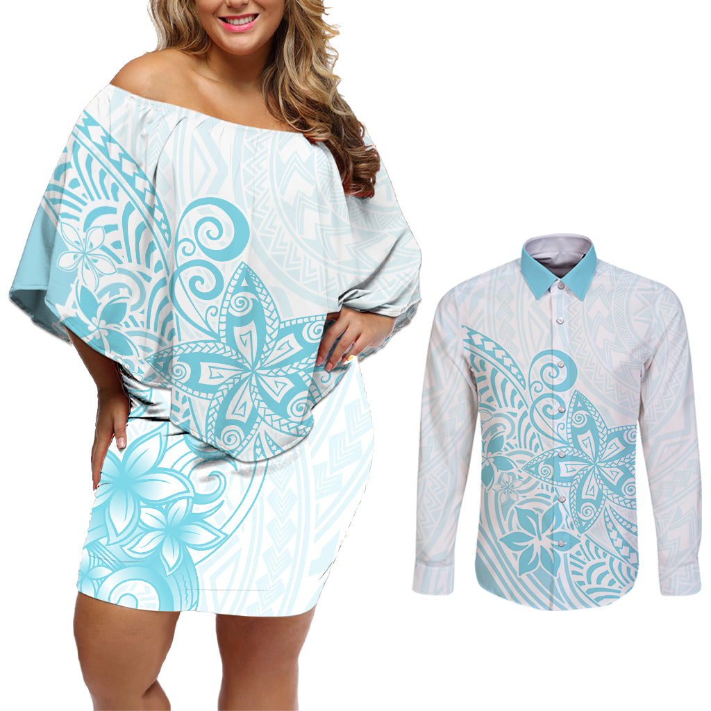 Polynesia Couples Matching Off Shoulder Short Dress and Long Sleeve Button Shirts Plumeria Turquoise Curves LT7 - Wonder Print Shop