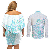 Polynesia Couples Matching Off Shoulder Short Dress and Long Sleeve Button Shirts Plumeria Turquoise Curves LT7 - Wonder Print Shop