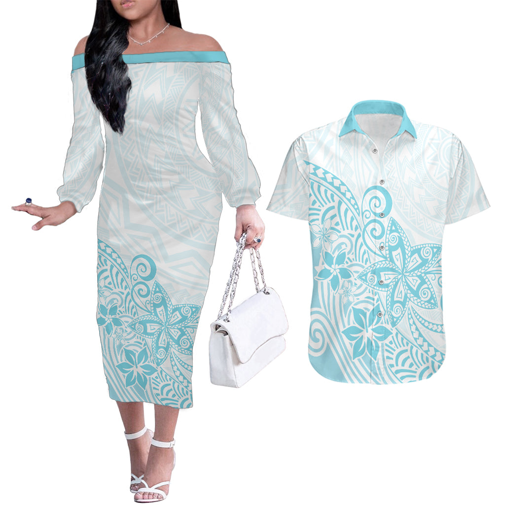 Polynesia Couples Matching Off The Shoulder Long Sleeve Dress and Hawaiian Shirt Plumeria Turquoise Curves LT7 - Wonder Print Shop