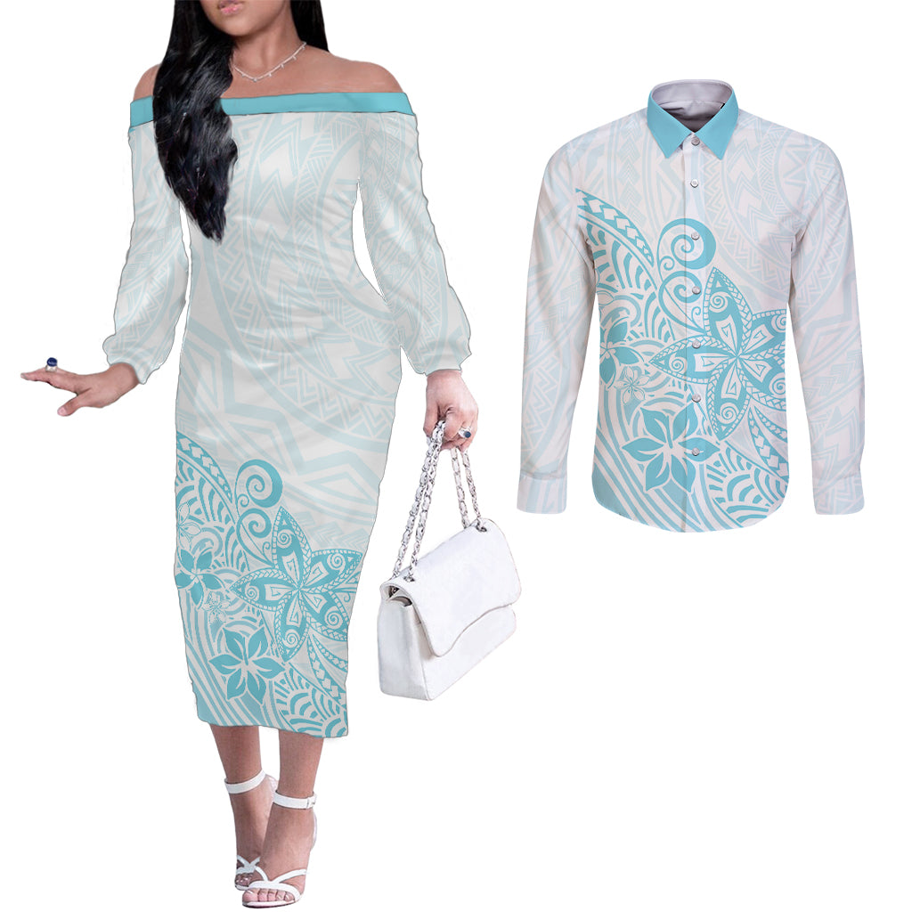 polynesia-couples-matching-off-the-shoulder-long-sleeve-dress-and-long-sleeve-button-shirts-plumeria-turquoise-curves