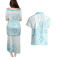 Polynesia Couples Matching Puletasi Dress and Hawaiian Shirt Plumeria Turquoise Curves LT7 - Wonder Print Shop