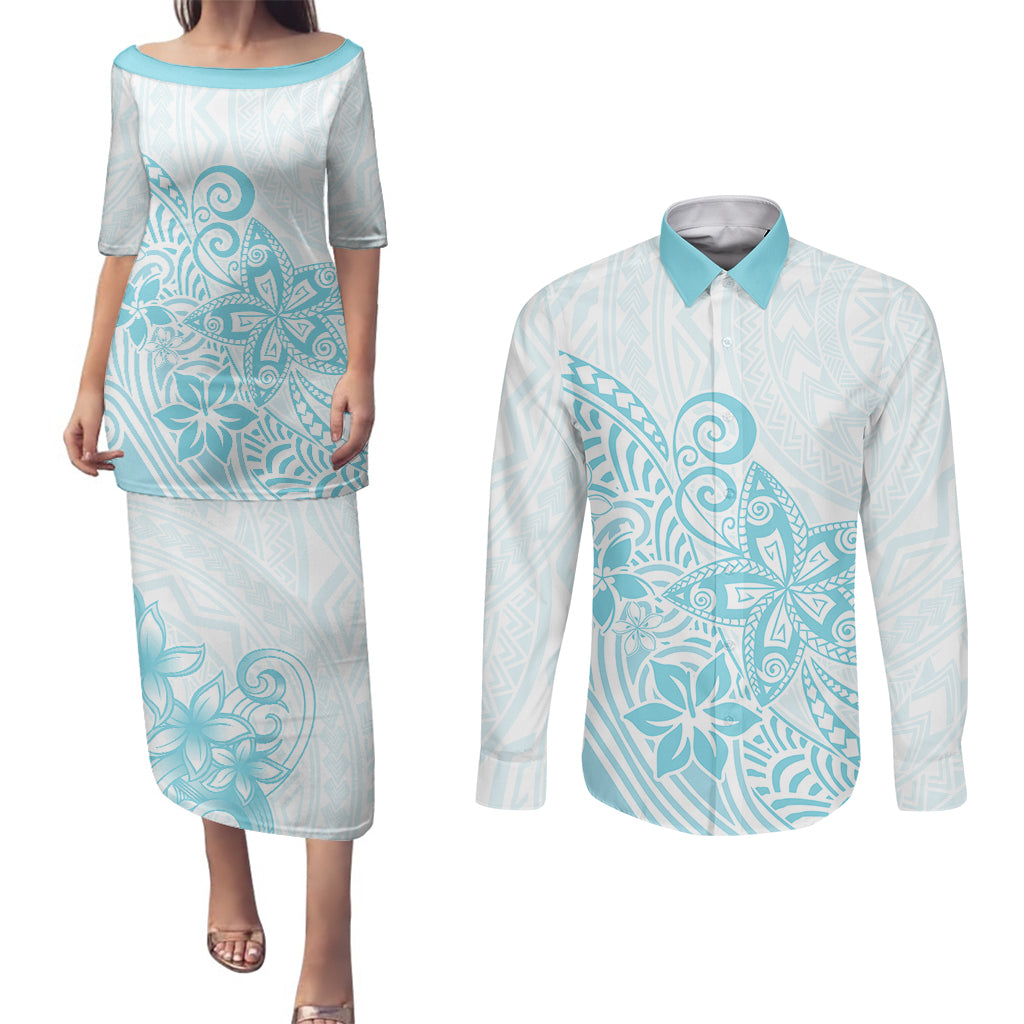 Polynesia Couples Matching Puletasi Dress and Long Sleeve Button Shirts Plumeria Turquoise Curves LT7 - Wonder Print Shop