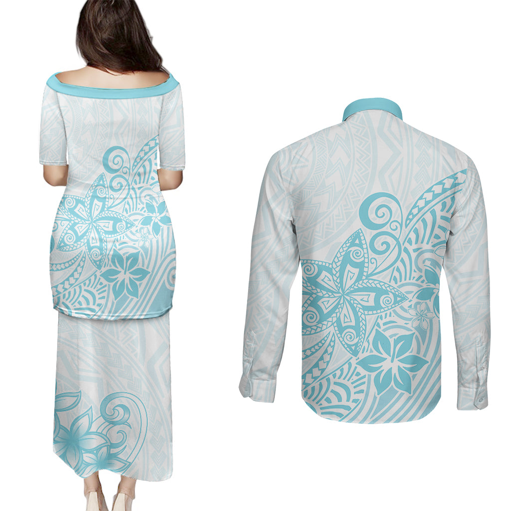 Polynesia Couples Matching Puletasi Dress and Long Sleeve Button Shirts Plumeria Turquoise Curves LT7 - Wonder Print Shop