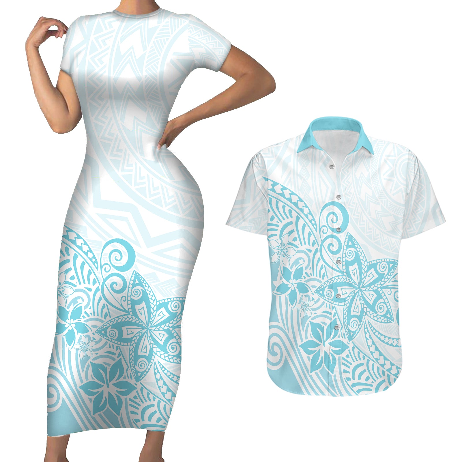 Polynesia Couples Matching Short Sleeve Bodycon Dress and Hawaiian Shirt Plumeria Turquoise Curves LT7 - Wonder Print Shop