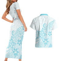 Polynesia Couples Matching Short Sleeve Bodycon Dress and Hawaiian Shirt Plumeria Turquoise Curves LT7 - Wonder Print Shop