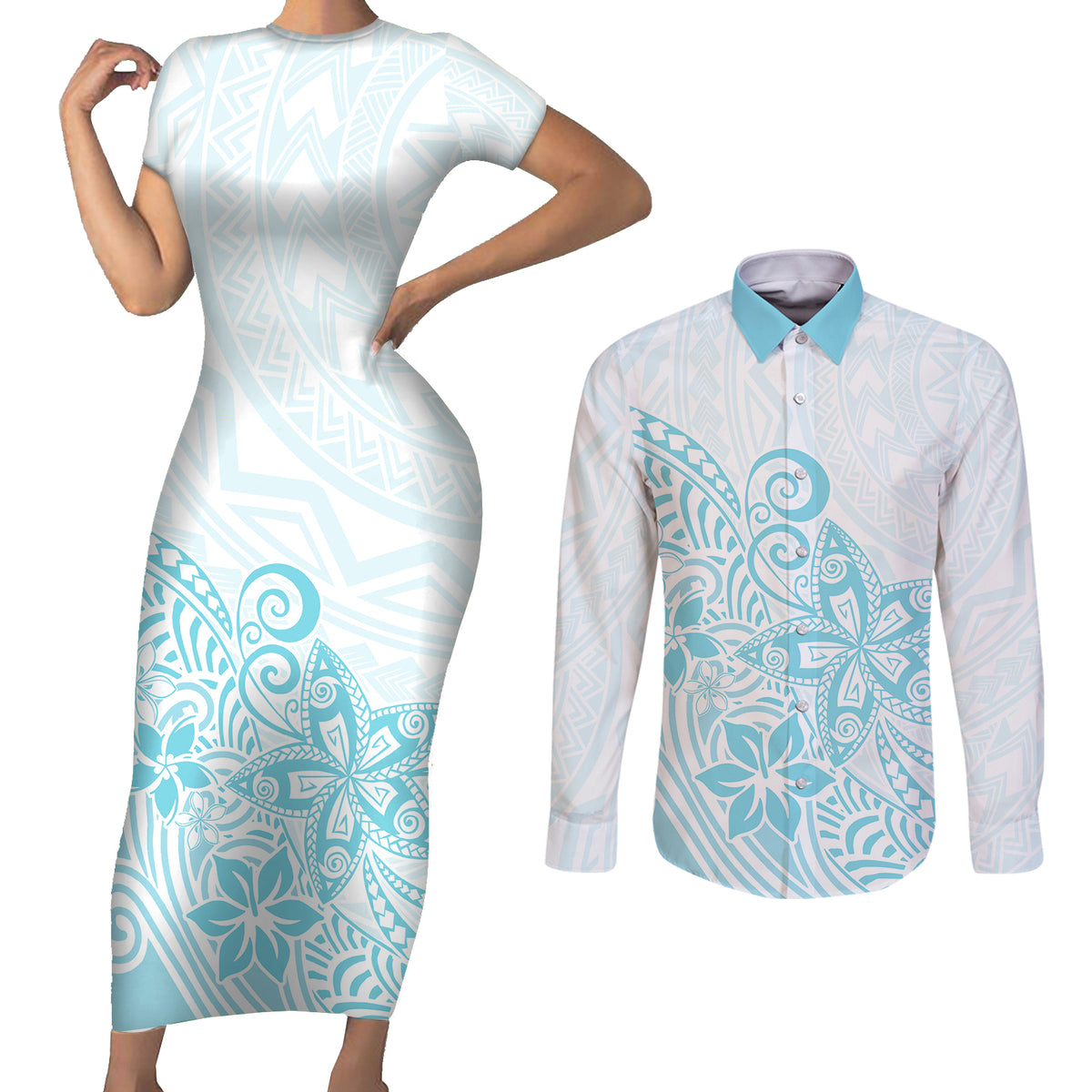Polynesia Couples Matching Short Sleeve Bodycon Dress and Long Sleeve Button Shirts Plumeria Turquoise Curves LT7 - Wonder Print Shop
