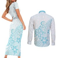 Polynesia Couples Matching Short Sleeve Bodycon Dress and Long Sleeve Button Shirts Plumeria Turquoise Curves LT7 - Wonder Print Shop