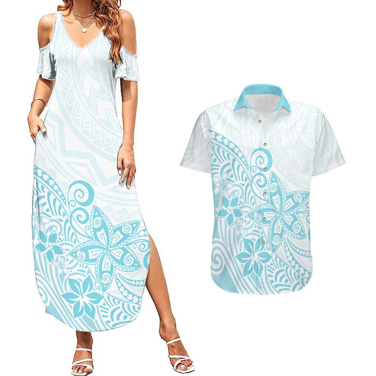 Polynesia Couples Matching Summer Maxi Dress and Hawaiian Shirt Plumeria Turquoise Curves LT7 - Wonder Print Shop