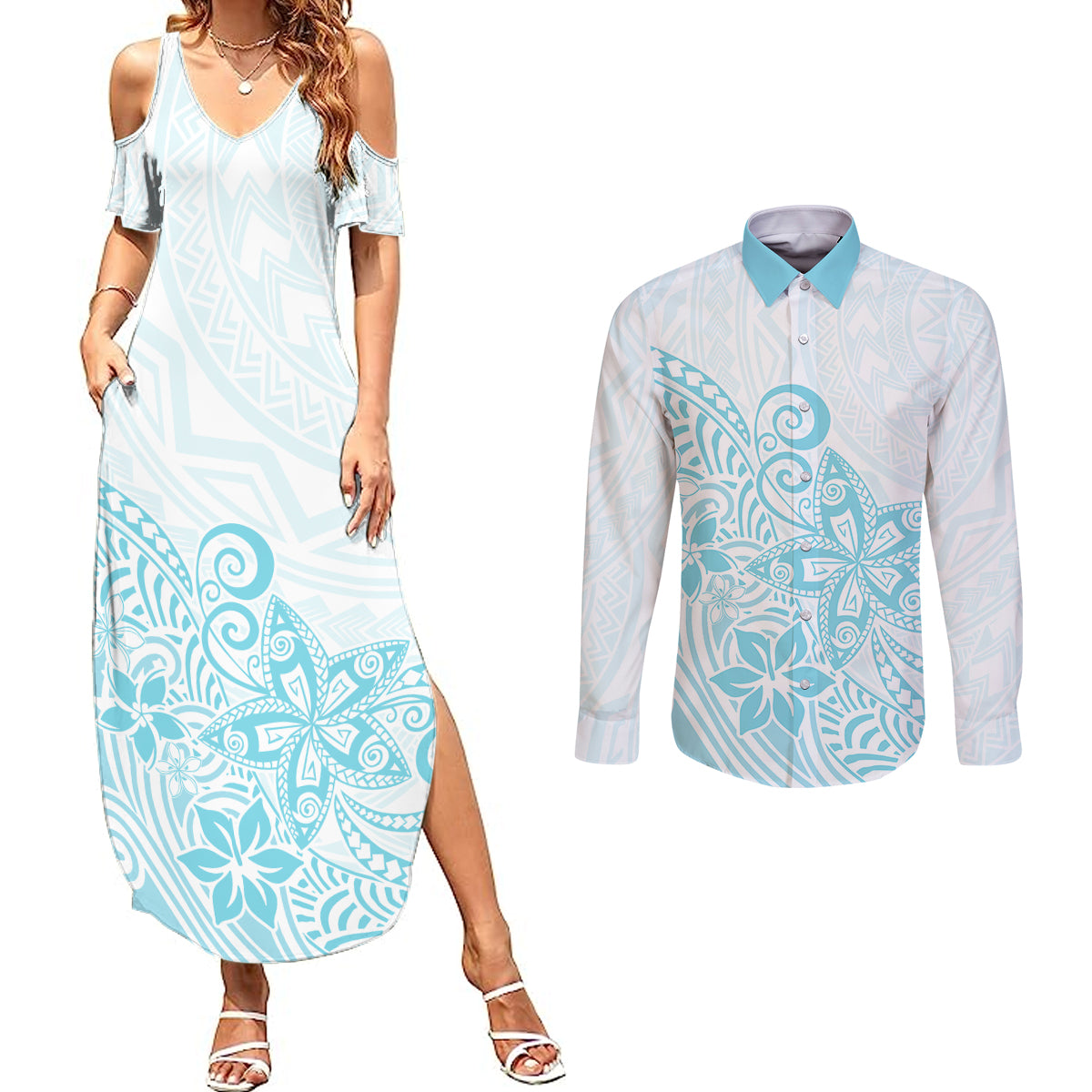Polynesia Couples Matching Summer Maxi Dress and Long Sleeve Button Shirts Plumeria Turquoise Curves LT7 - Wonder Print Shop