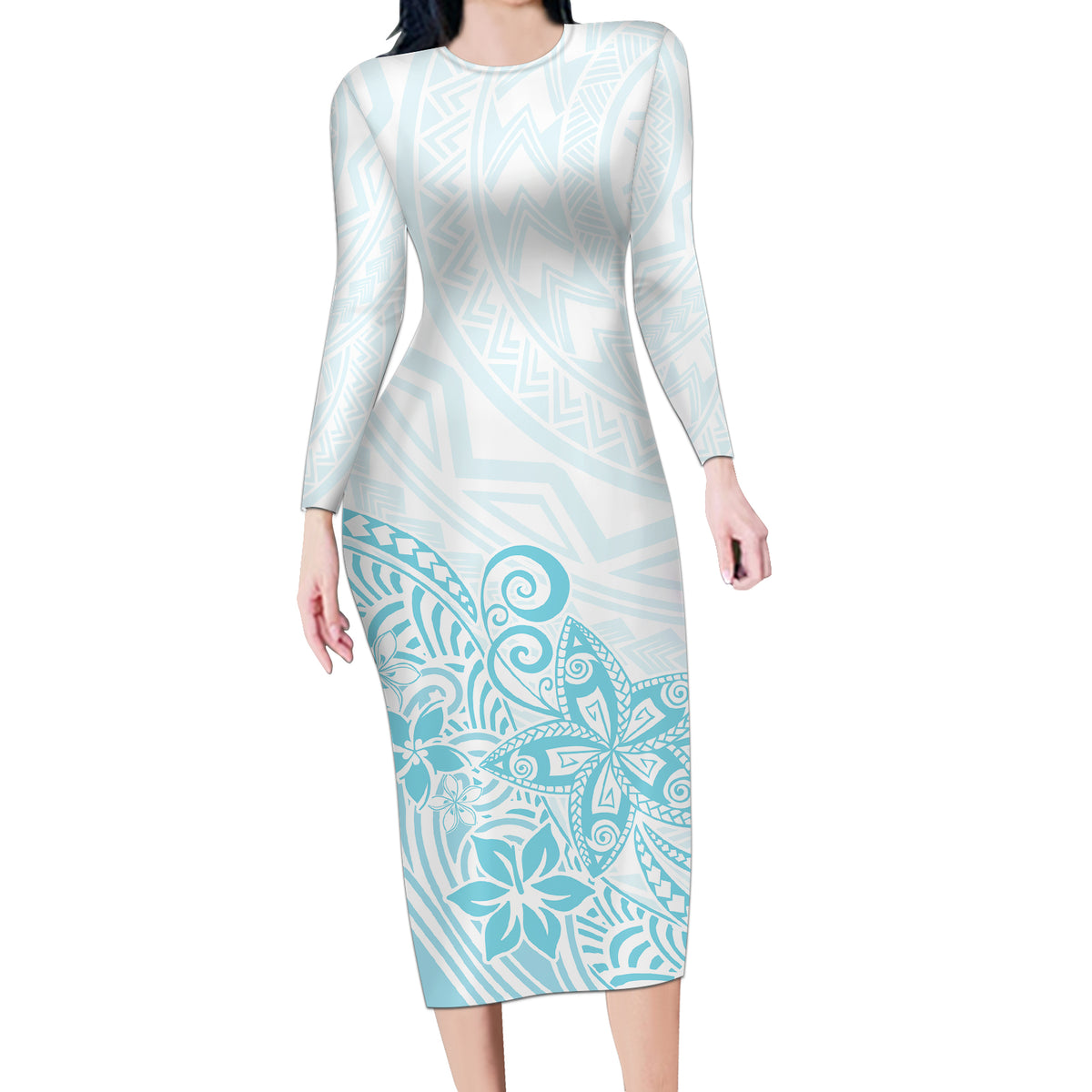 Polynesia Long Sleeve Bodycon Dress Plumeria Turquoise Curves - Wonder Print Shop