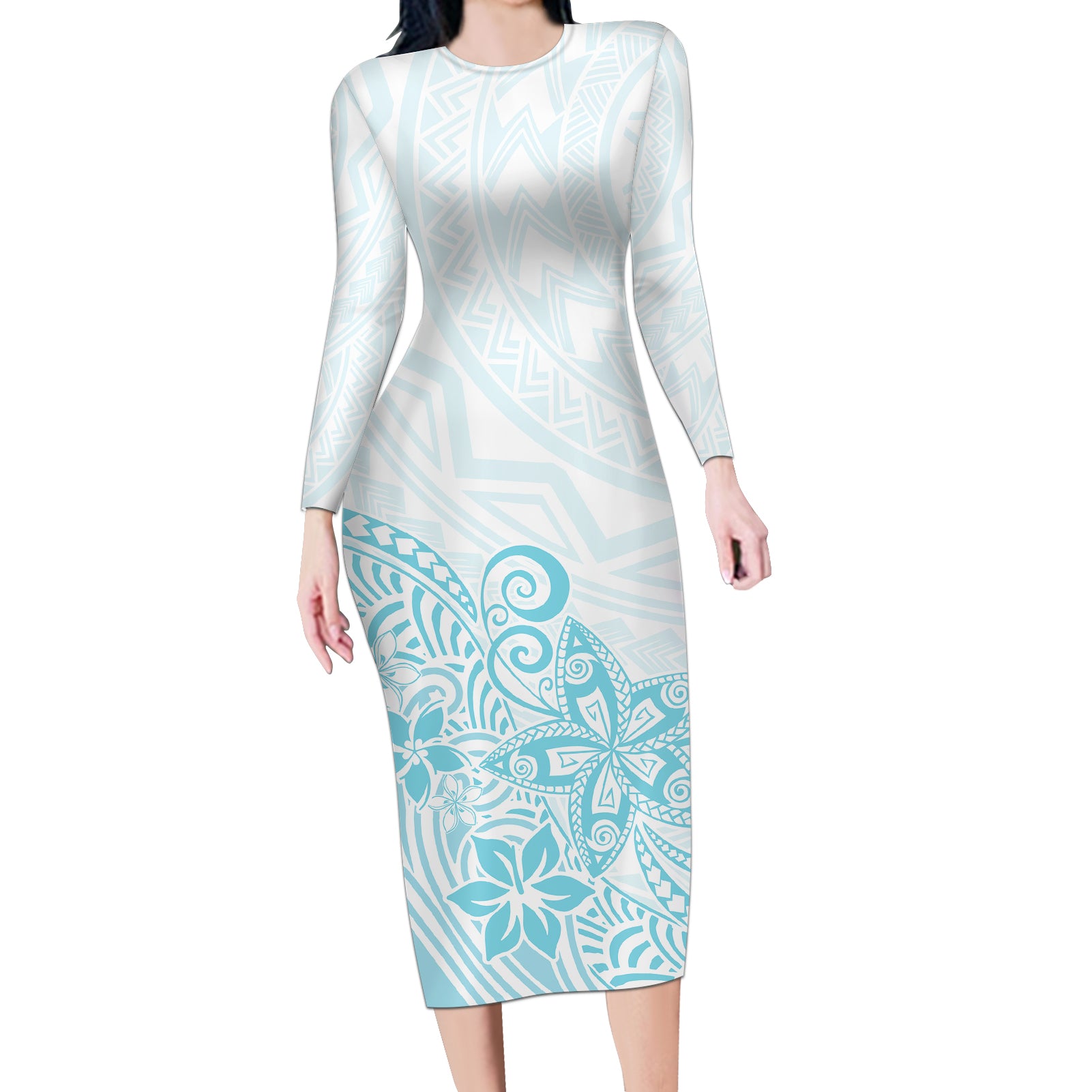 Polynesia Long Sleeve Bodycon Dress Plumeria Turquoise Curves - Wonder Print Shop