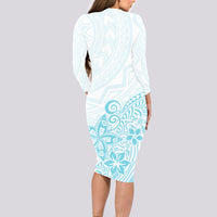 Polynesia Long Sleeve Bodycon Dress Plumeria Turquoise Curves - Wonder Print Shop