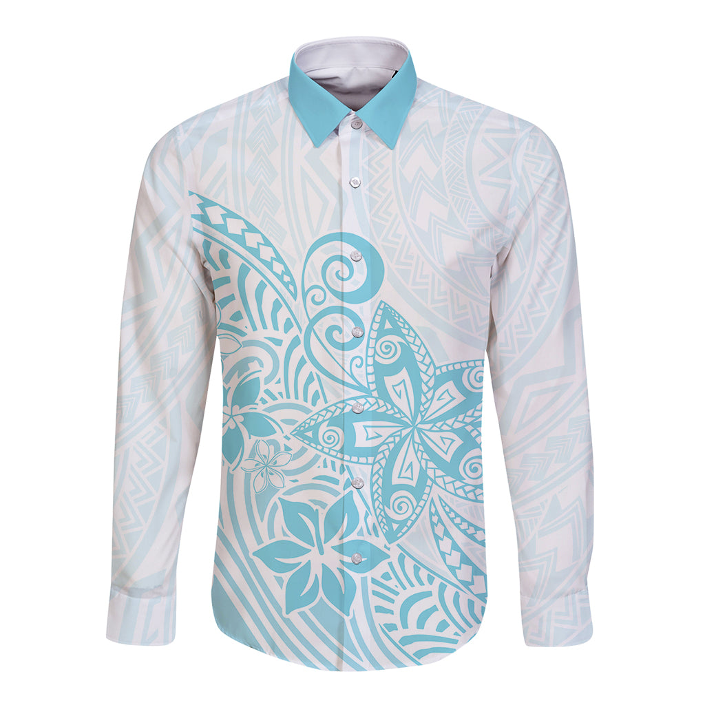 Polynesia Long Sleeve Button Shirt Plumeria Turquoise Curves - Wonder Print Shop