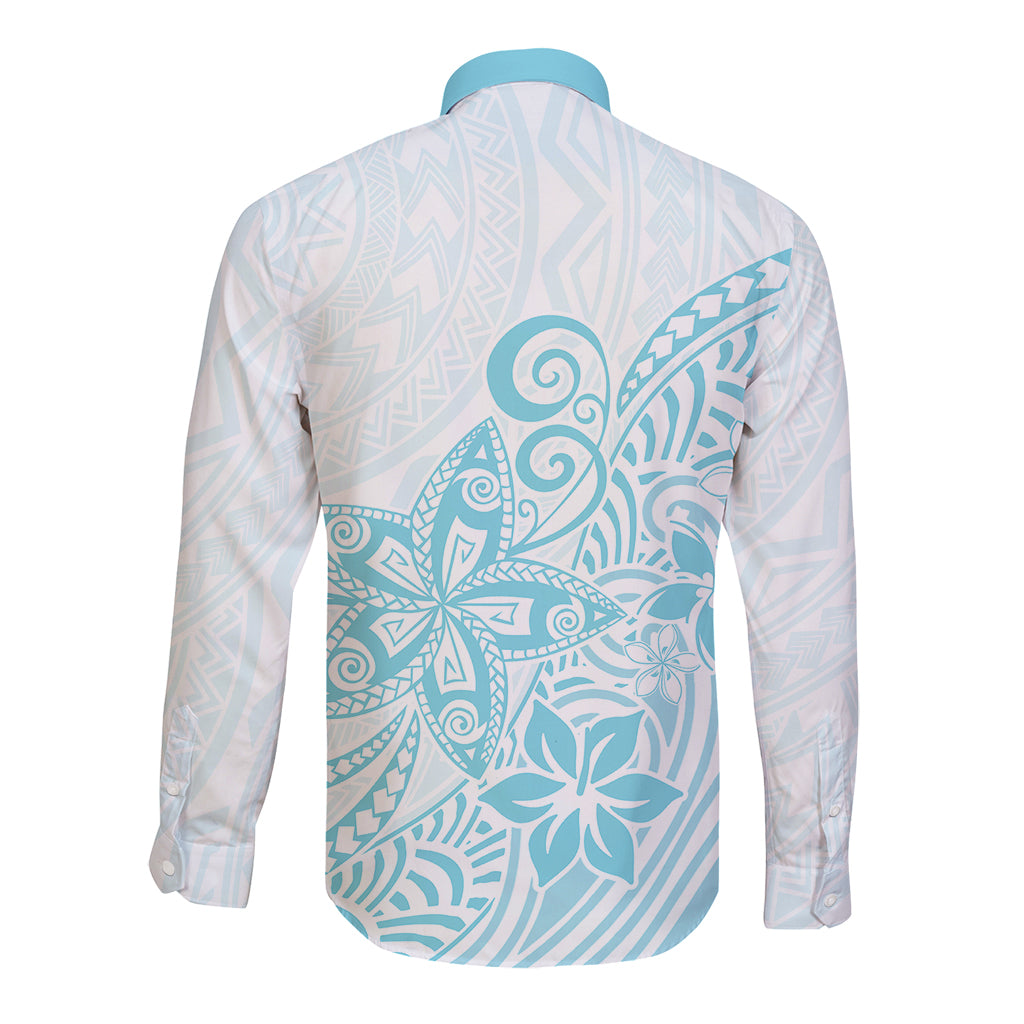 Polynesia Long Sleeve Button Shirt Plumeria Turquoise Curves - Wonder Print Shop