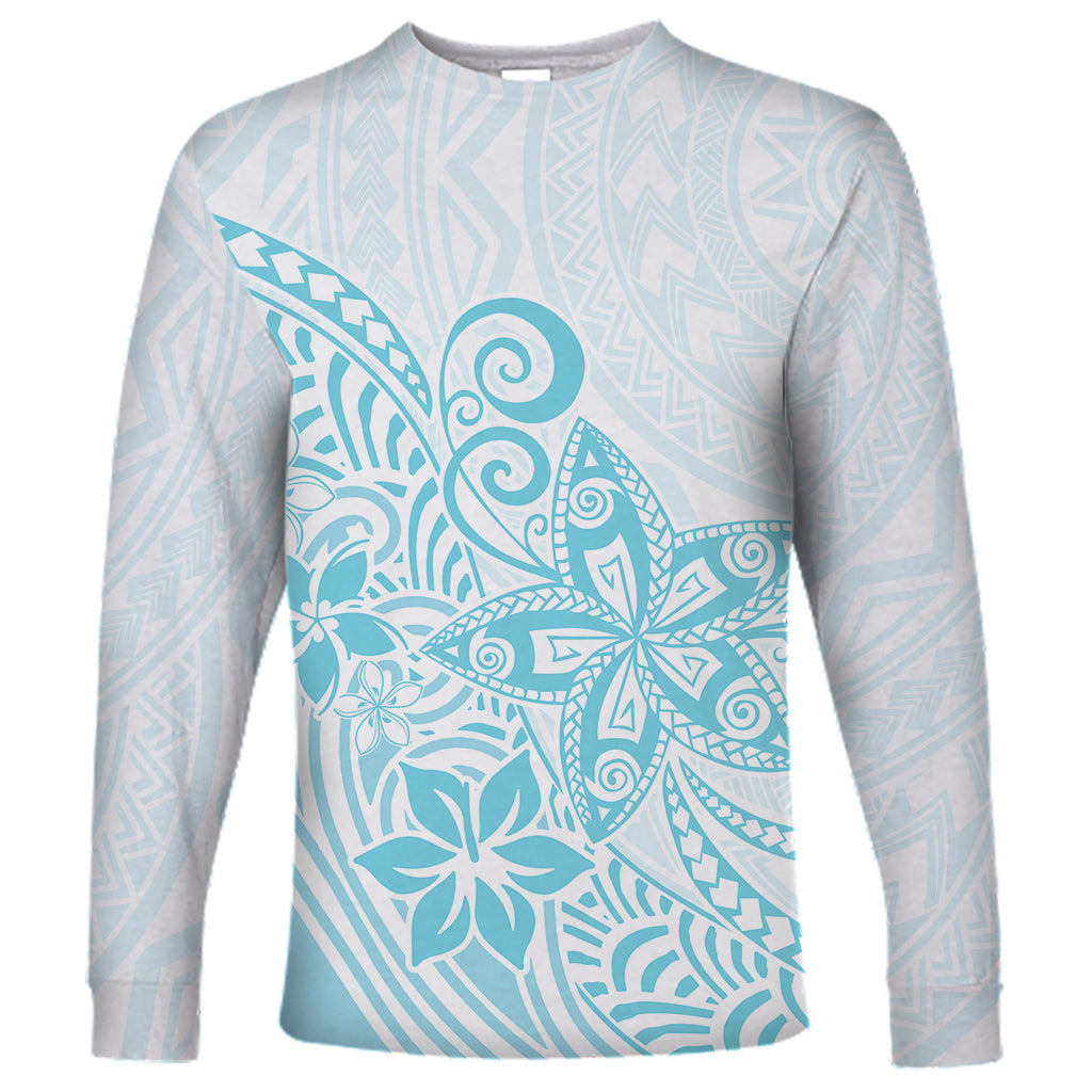 Polynesia Long Sleeve Shirt Plumeria Turquoise Curves - Wonder Print Shop