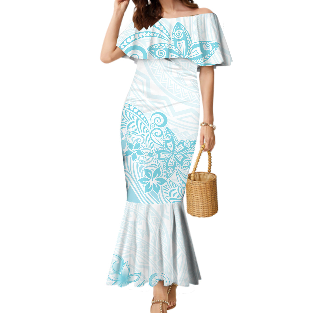 Polynesia Mermaid Dress Plumeria Turquoise Curves - Wonder Print Shop