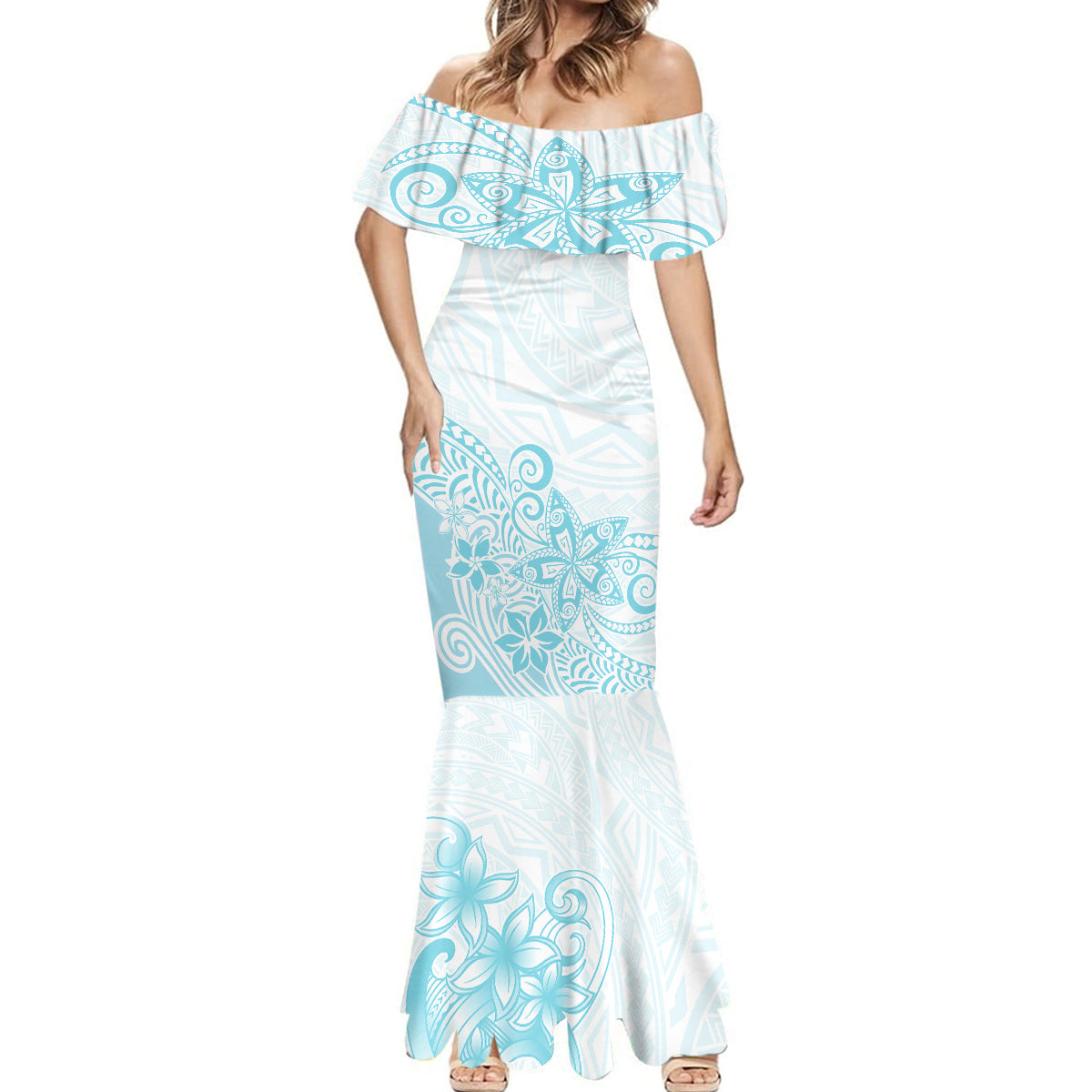 Polynesia Mermaid Dress Plumeria Turquoise Curves - Wonder Print Shop
