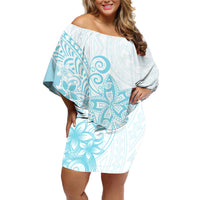 Polynesia Off Shoulder Short Dress Plumeria Turquoise Curves - Wonder Print Shop